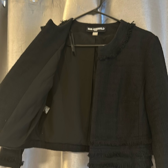 Karl Lagerfeld Paris Frayed Tweed Cropped Jacket Black - Picture 4 of 4